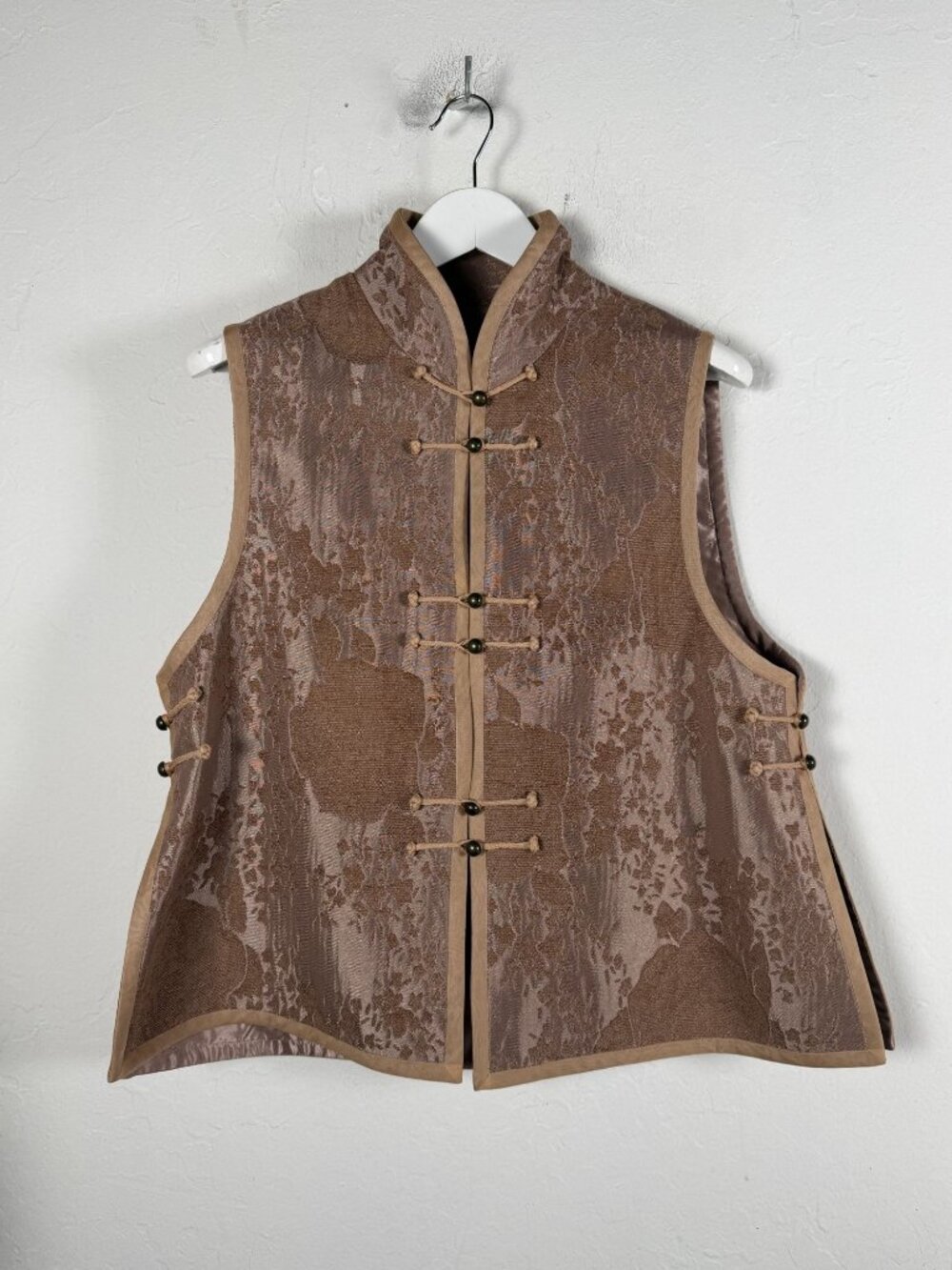 Rising Phoenix Jacquard Vest Tang Suit Mandarin Collar Frog Closure Taupe Large
